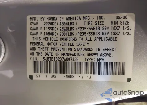 2007 Acura Rdx z USA, uszkodzony, nr VIN 5J8TB18237A007338